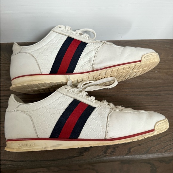 AUTH MENS GG LOGO WHITE GUCCI LEATHER SNEAKERS, SIZE 8, MADE IN ITALY - Picture 3 of 16